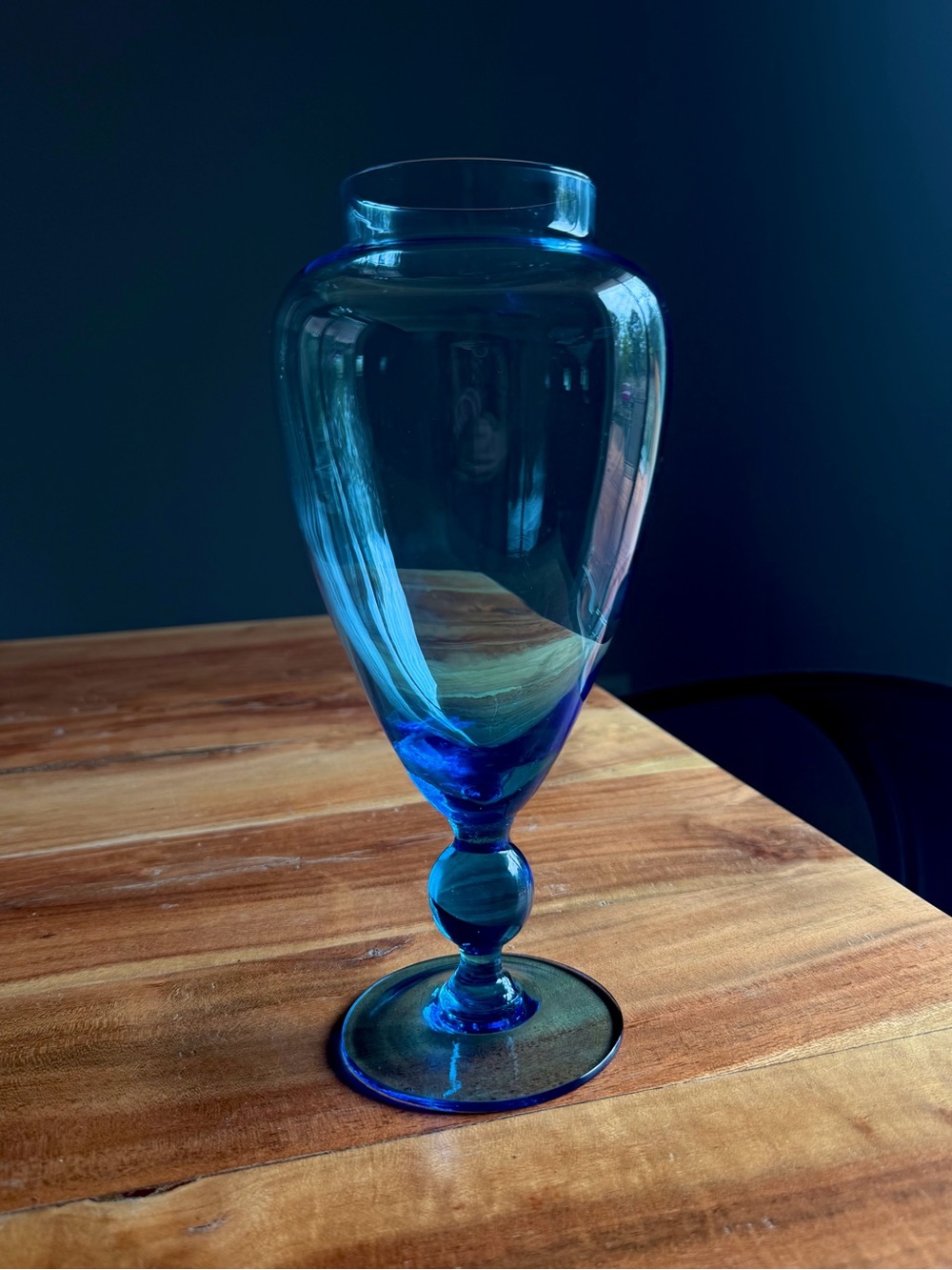 MCM Mid Century Clear Blue Glass Pedestal Vase